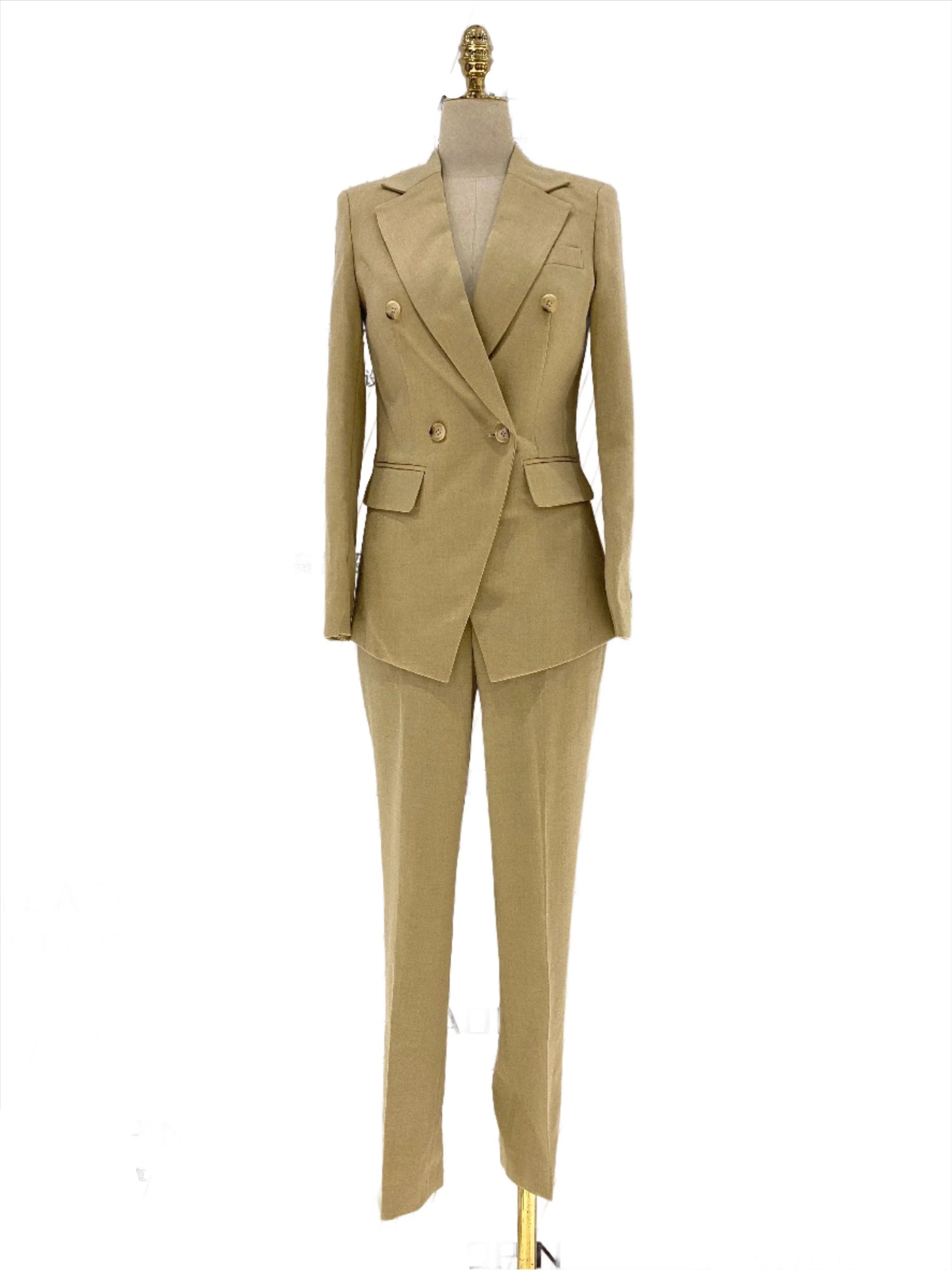 Khaki Women Pant Suit - Double Breasted Trouser Suit -Guocali