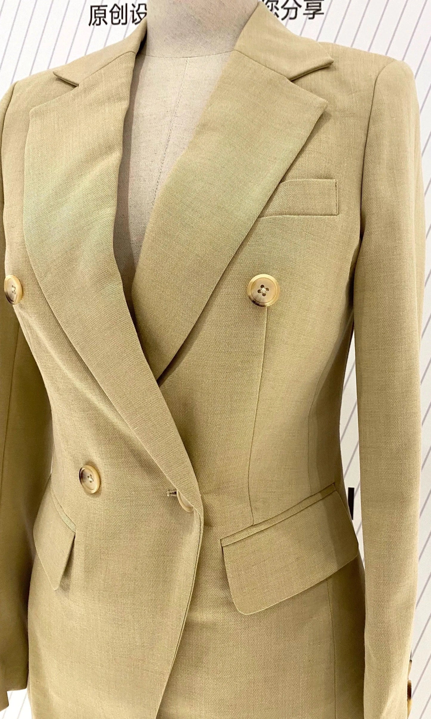 Khaki Women Pant Suit - Double Breasted Trouser Suit -Guocali