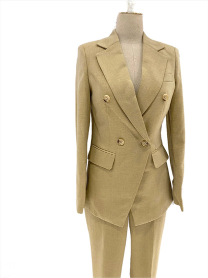 Khaki Women Pant Suit - Double Breasted Trouser Suit -Guocali