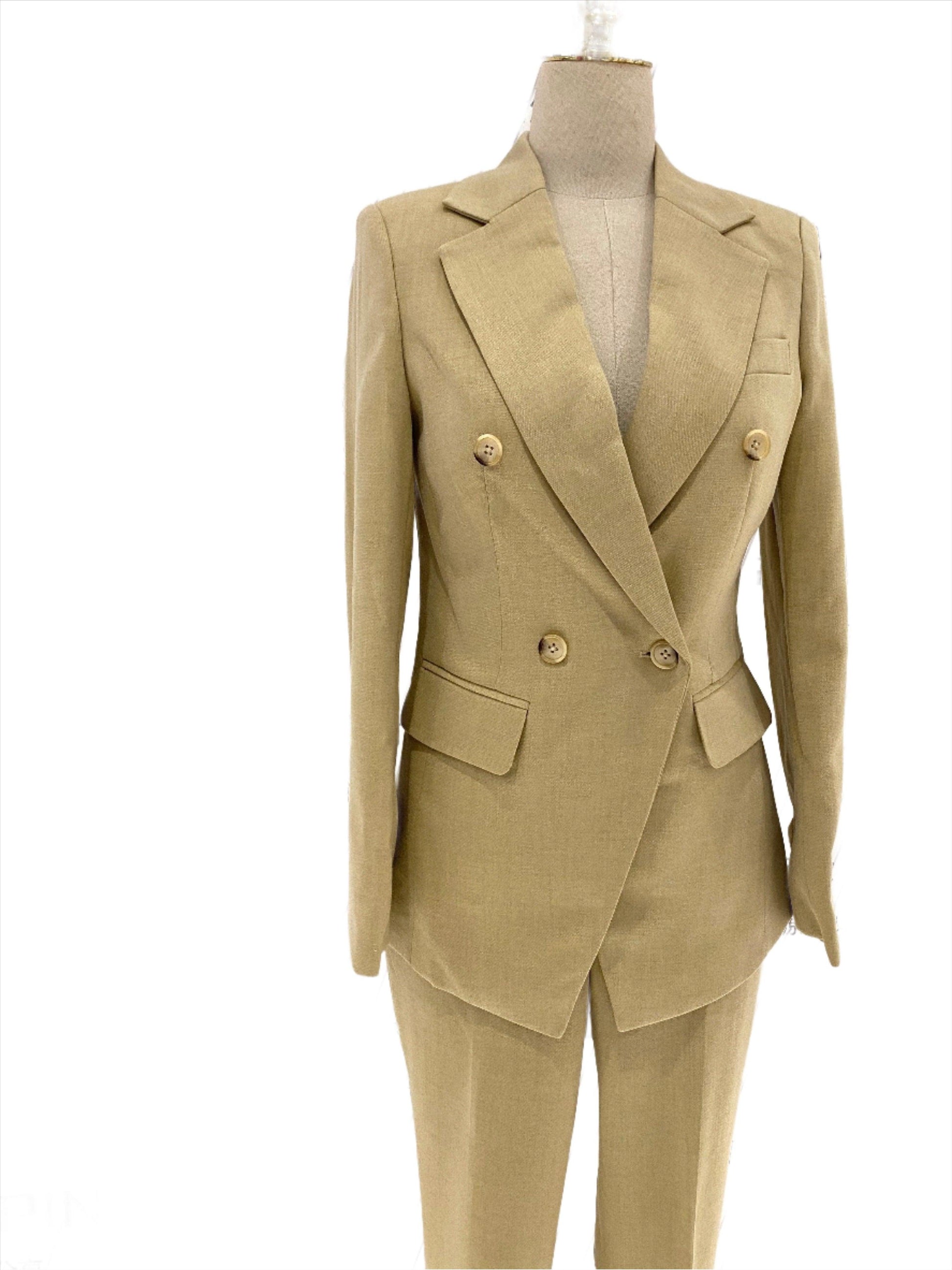 Khaki Women Pant Suit - Double Breasted Trouser Suit - Pantsuit - Guocali