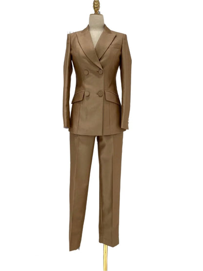 Khaki Worsted Wool Double-Breasted Slim Fit Pant Suit -Guocali