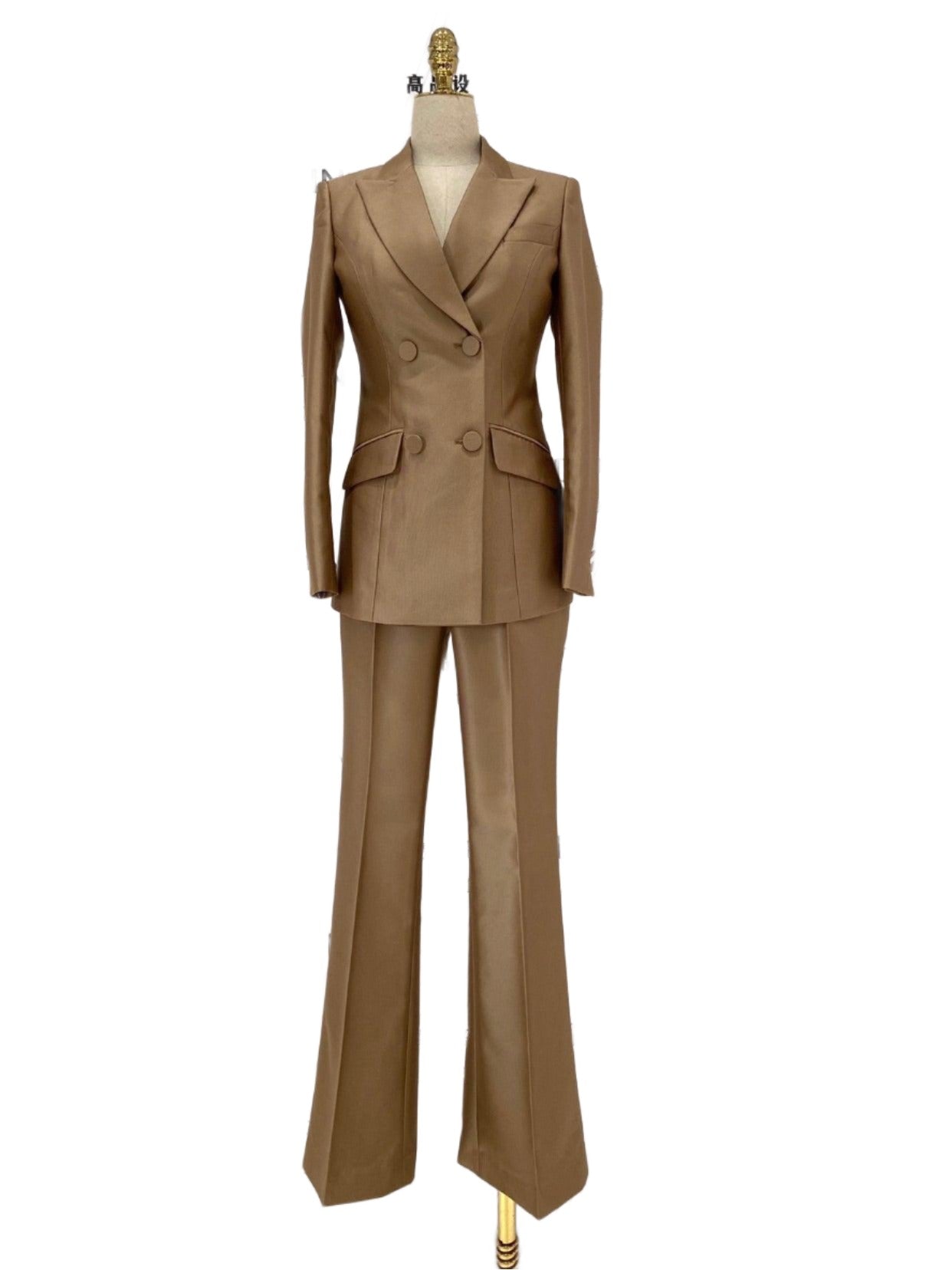 Khaki Worsted Wool Double-Breasted Slim Fit Pant Suit - Pantsuit - Guocali