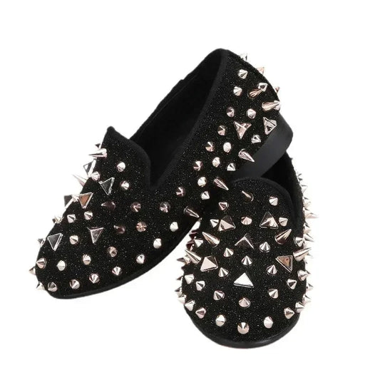 Kids Loafers Black Suede Kid's Loafers with Rose Gold Rivets: Red Bottom -Guocali