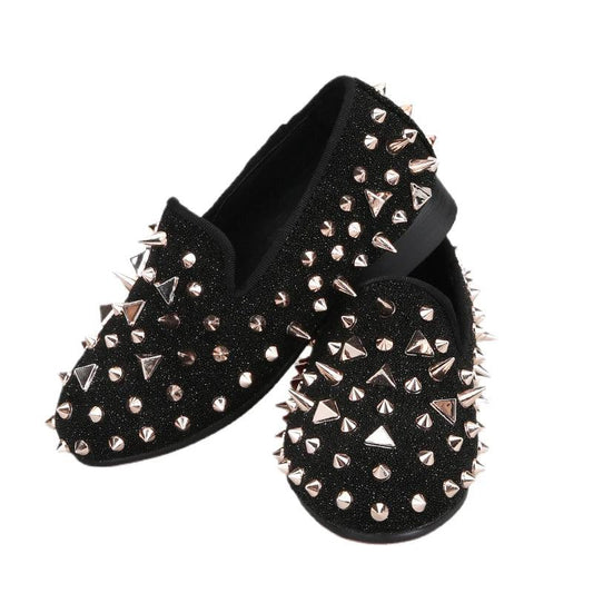 Kids Loafers Black Suede Kid's Loafers with Rose Gold Rivets: Red Bottom-Loafer Shoes-GUOCALI