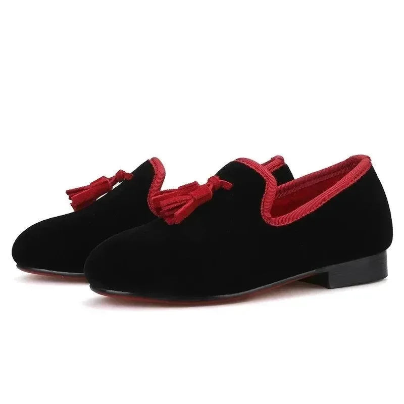 Kids Loafers Black Velvet Children's Loafers with Tassels -Guocali