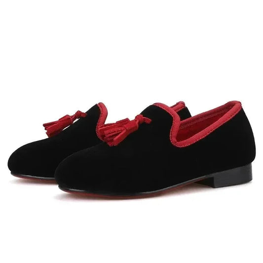 Kids Loafers Black Velvet Children's Loafers with Tassels -Guocali