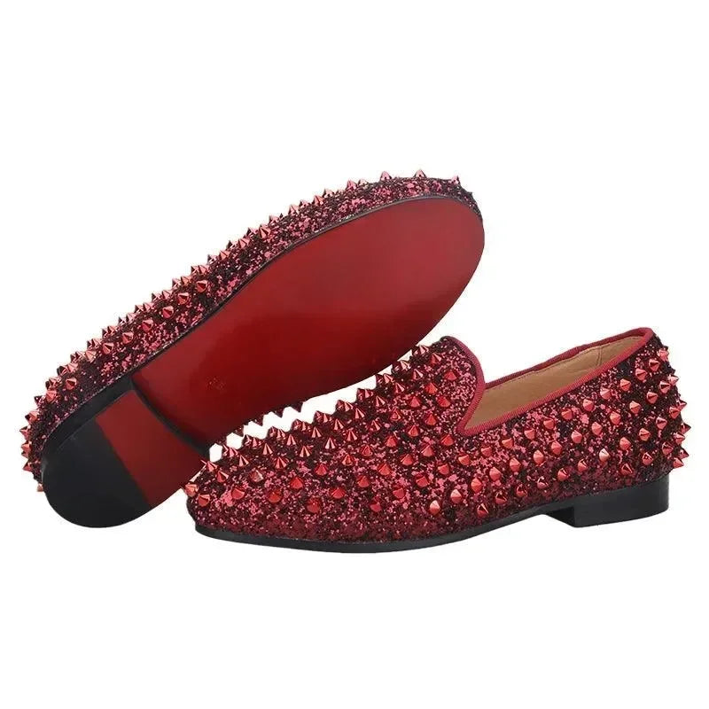 Kids Loafers Bold Spikes: Handmade Red Kids Loafers Shoes -Guocali