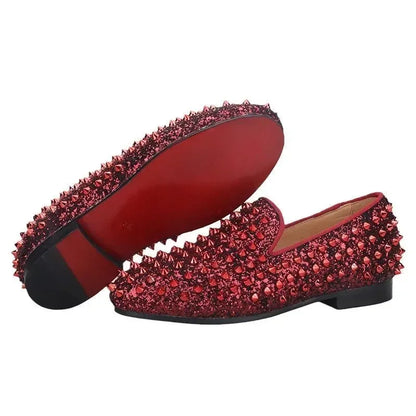 Kids Loafers Bold Spikes: Handmade Red Kids Loafers Shoes -Guocali