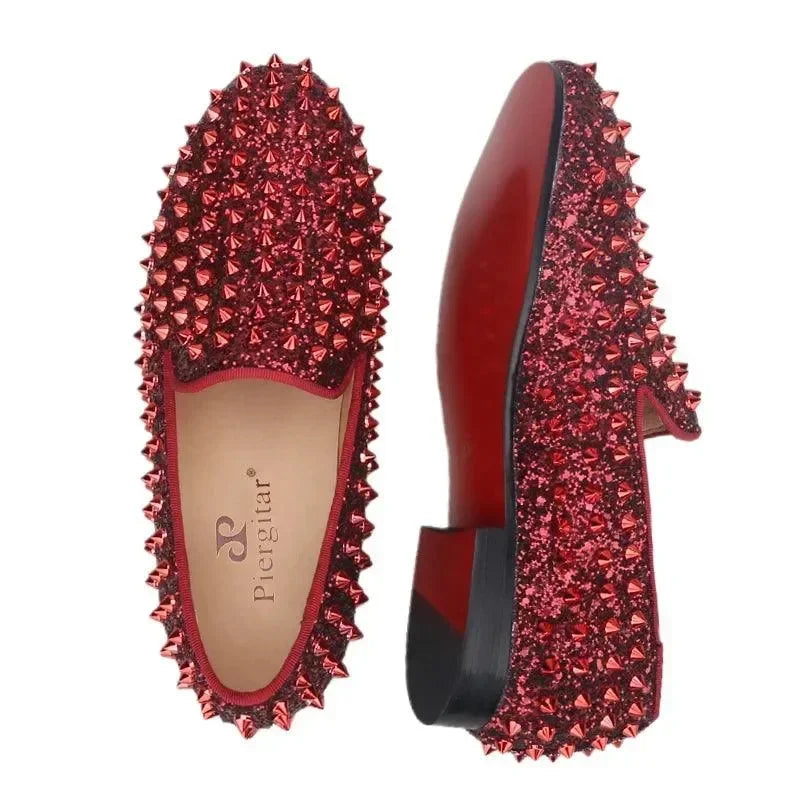 Kids Loafers Bold Spikes: Handmade Red Kids Loafers Shoes -Guocali