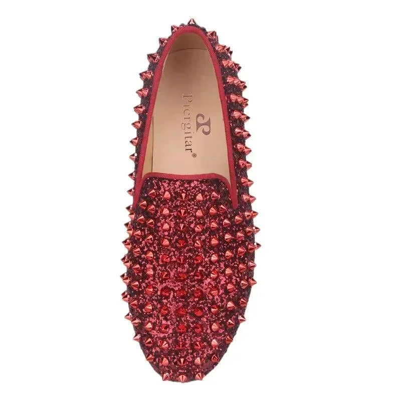 Kids Loafers Bold Spikes: Handmade Red Kids Loafers Shoes -Guocali