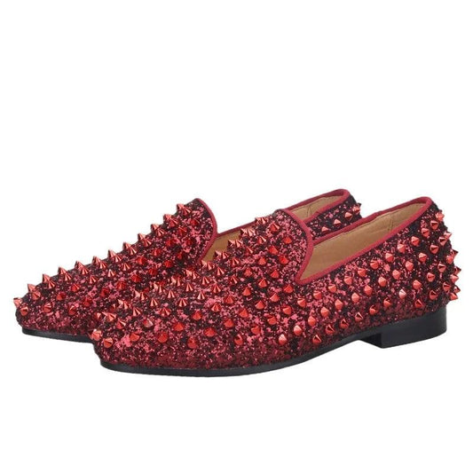 Kids Loafers Bold Spikes: Handmade Red Kids Loafers Shoes-Loafer Shoes-GUOCALI