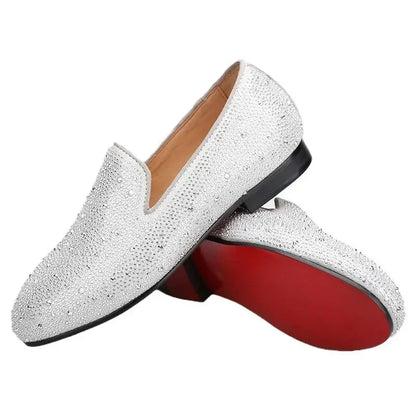 Kids Loafers Crystal Gleam: Handmade Silver Leather Parent-Child Loafers - Red Bottoms -Guocali