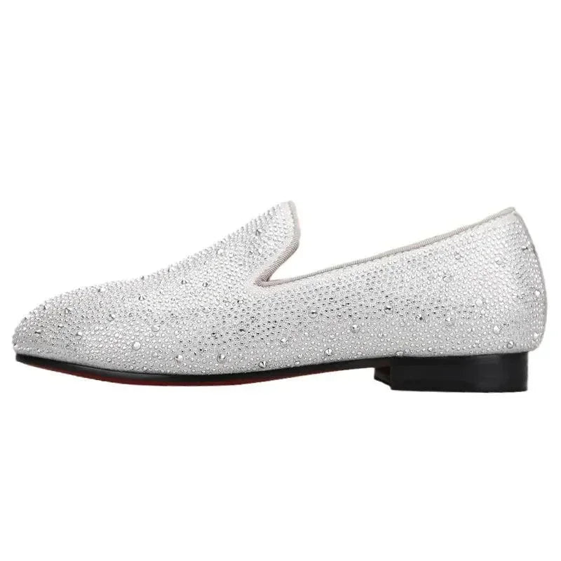 Kids Loafers Crystal Gleam: Handmade Silver Leather Parent-Child Loafers - Red Bottoms -Guocali