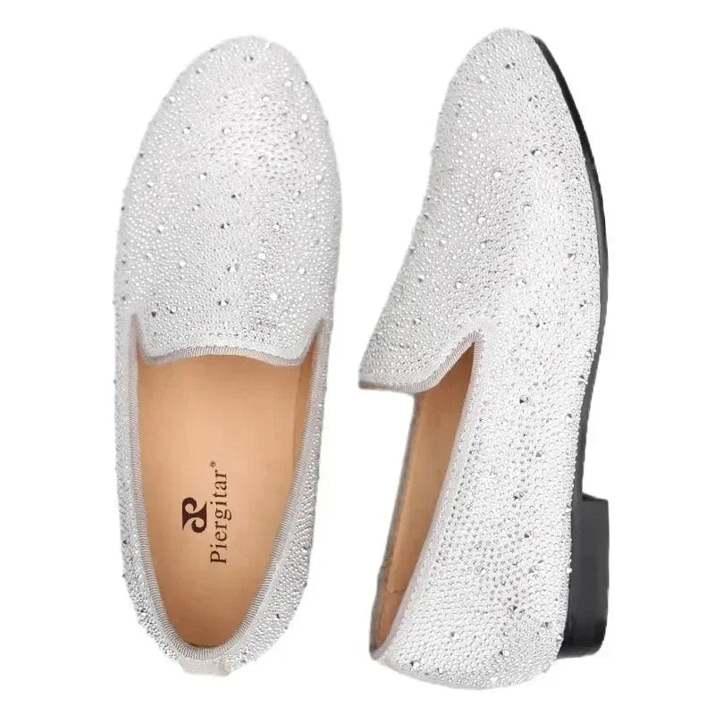 Kids Loafers Crystal Gleam: Handmade Silver Leather Parent-Child Loafers - Red Bottoms -Guocali