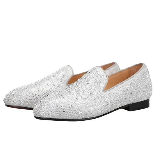 Kids Loafers Crystal Gleam: Handmade Silver Leather Parent-Child Loafers - Red Bottoms -Guocali