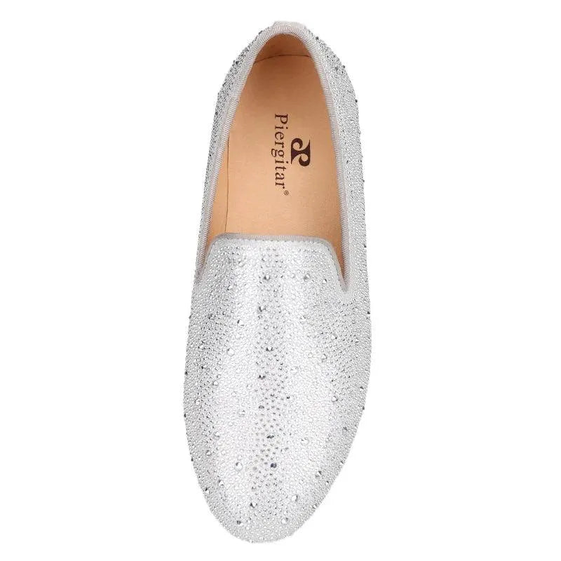 Kids Loafers Crystal Gleam: Handmade Silver Leather Parent-Child Loafers - Red Bottoms - Loafer Shoes - Guocali