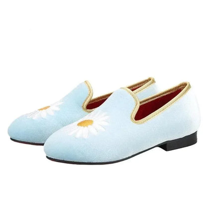 Kids Loafers Daisy Dreams: Handmade Toddler Loafers in Sky Blue Velvet with Charming Daisy Embroidery -Guocali