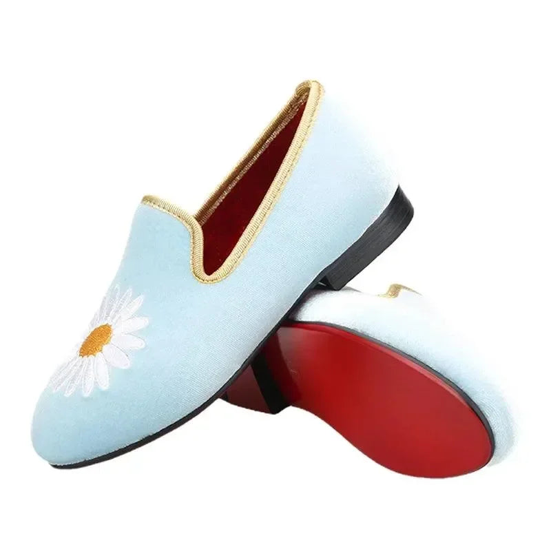 Kids Loafers Daisy Dreams: Handmade Toddler Loafers in Sky Blue Velvet with Charming Daisy Embroidery -Guocali