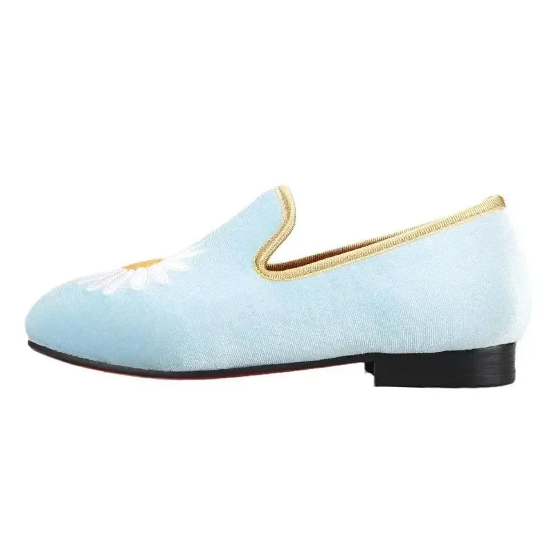 Kids Loafers Daisy Dreams: Handmade Toddler Loafers in Sky Blue Velvet with Charming Daisy Embroidery -Guocali
