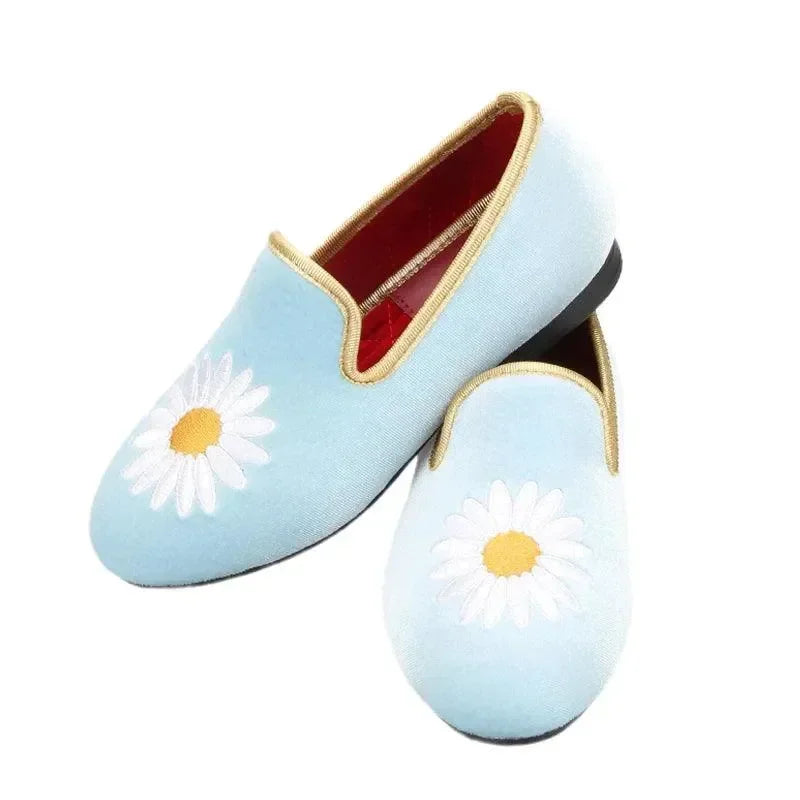 Kids Loafers Daisy Dreams: Handmade Toddler Loafers in Sky Blue Velvet with Charming Daisy Embroidery -Guocali