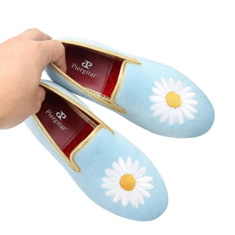 Kids Loafers Daisy Dreams: Handmade Toddler Loafers in Sky Blue Velvet with Charming Daisy Embroidery - Loafer Shoes - Guocali