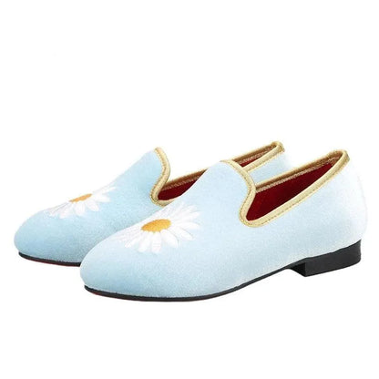 Kids Loafers Daisy Dreams: Handmade Toddler Loafers in Sky Blue Velvet with Charming Daisy Embroidery - Loafer Shoes - Guocali