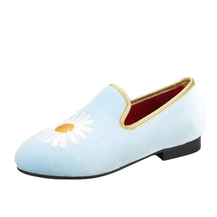 Kids Loafers Daisy Dreams: Handmade Toddler Loafers in Sky Blue Velvet with Charming Daisy Embroidery - Loafer Shoes - Guocali