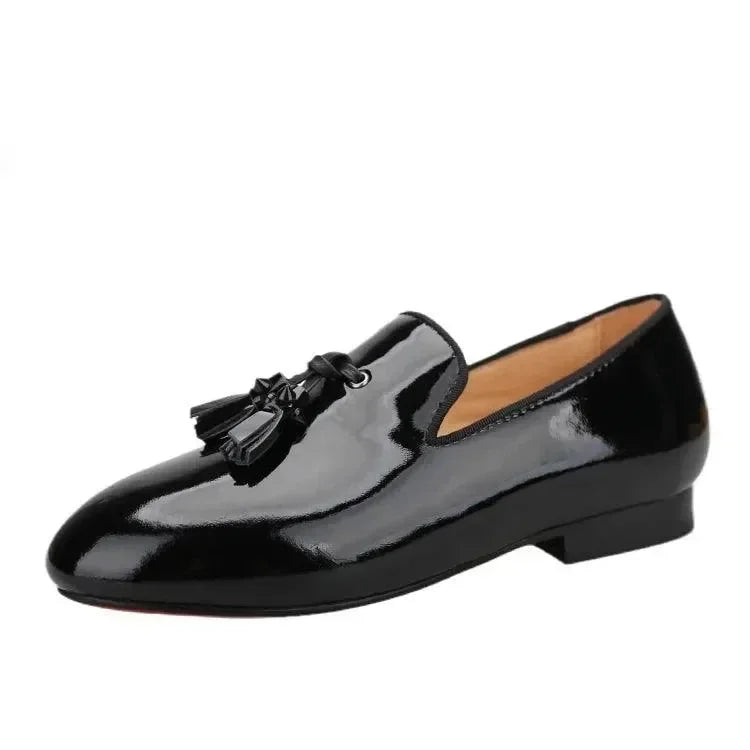 Kids Loafers Gleam & Glide: Black Patent Leather Kid Loafers with Tassel Charm -Guocali