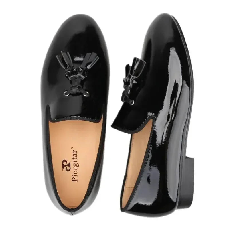 Kids Loafers Gleam & Glide: Black Patent Leather Kid Loafers with Tassel Charm -Guocali