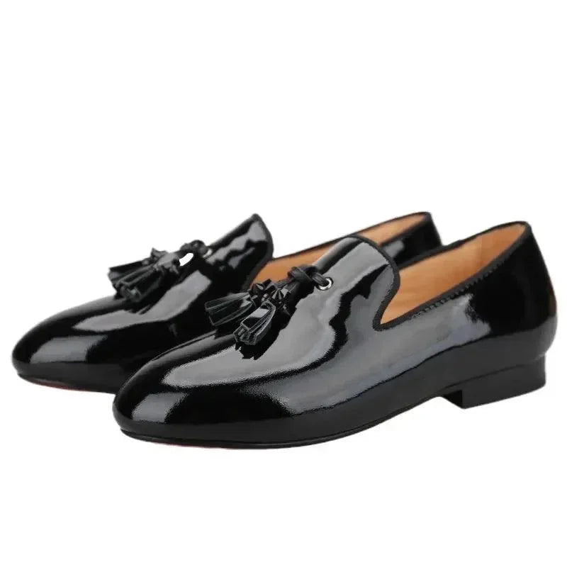 Kids Loafers Gleam & Glide: Black Patent Leather Kid Loafers with Tassel Charm -Guocali