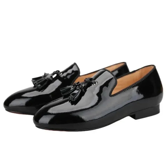 Kids Loafers Gleam & Glide: Black Patent Leather Kid Loafers with Tassel Charm -Guocali