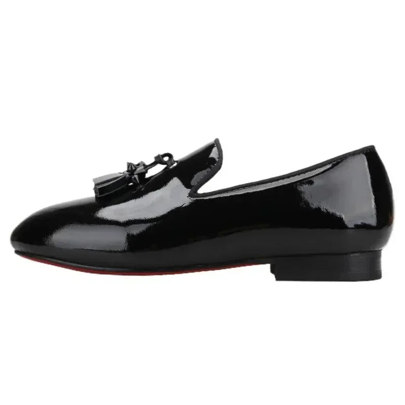 Kids Loafers Gleam & Glide: Black Patent Leather Kid Loafers with Tassel Charm -Guocali