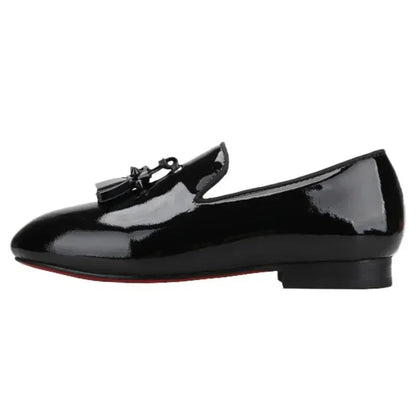 Kids Loafers Gleam & Glide: Black Patent Leather Kid Loafers with Tassel Charm -Guocali