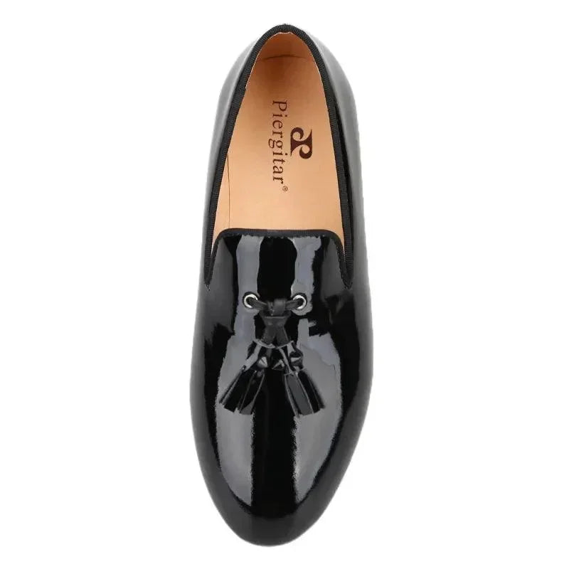 Kids Loafers Gleam & Glide: Black Patent Leather Kid Loafers with Tassel Charm -Guocali