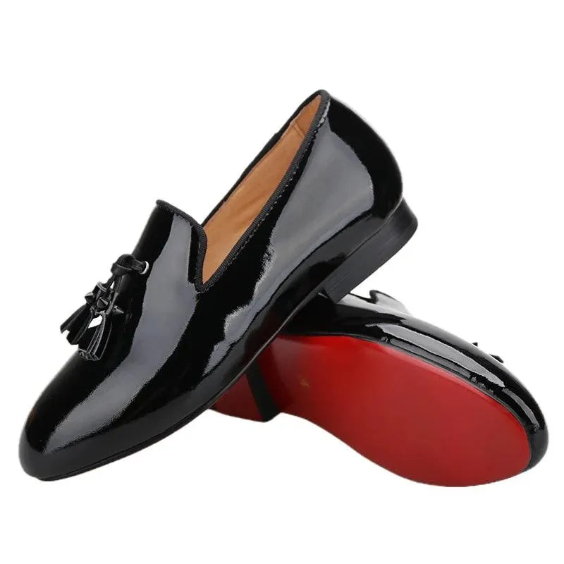 Kids Loafers Gleam & Glide: Black Patent Leather Kid Loafers with Tassel Charm - Loafer Shoes - Guocali