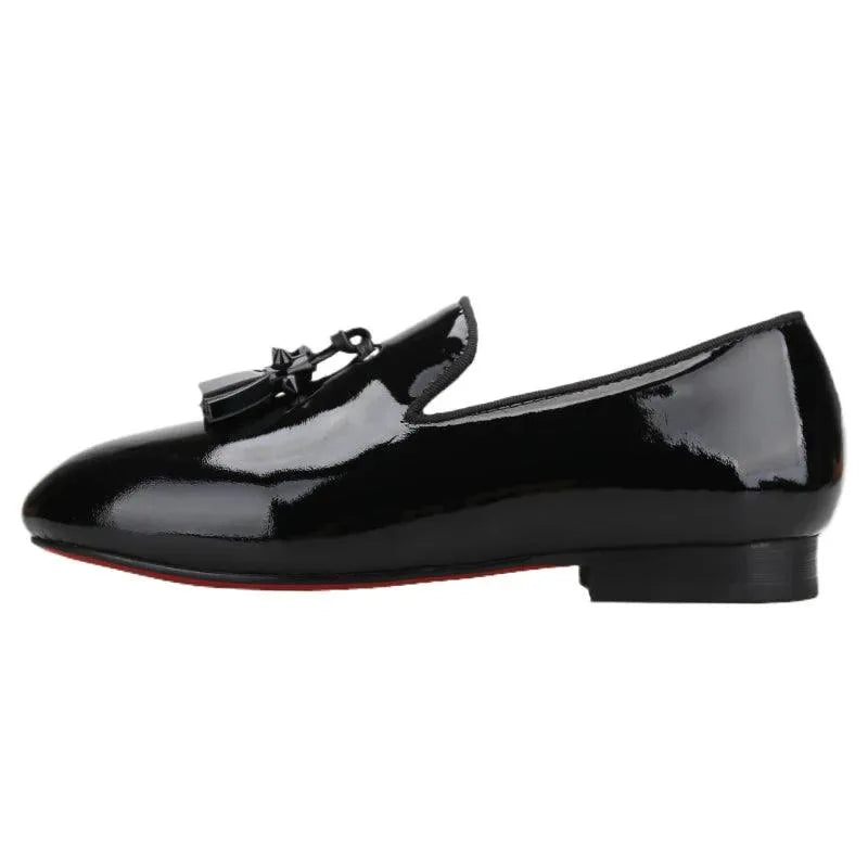 Kids Loafers Gleam & Glide: Black Patent Leather Kid Loafers with Tassel Charm-Loafer Shoes-GUOCALI