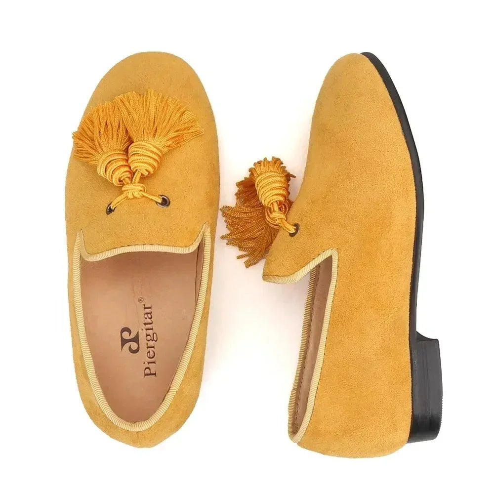 Kids Loafers Gold Suede Kids' Loafer Shoes: Tassel Party Shoes with Signature Red Bottom -Guocali
