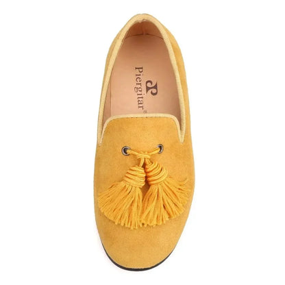 Kids Loafers Gold Suede Kids' Loafer Shoes: Tassel Party Shoes with Signature Red Bottom -Guocali