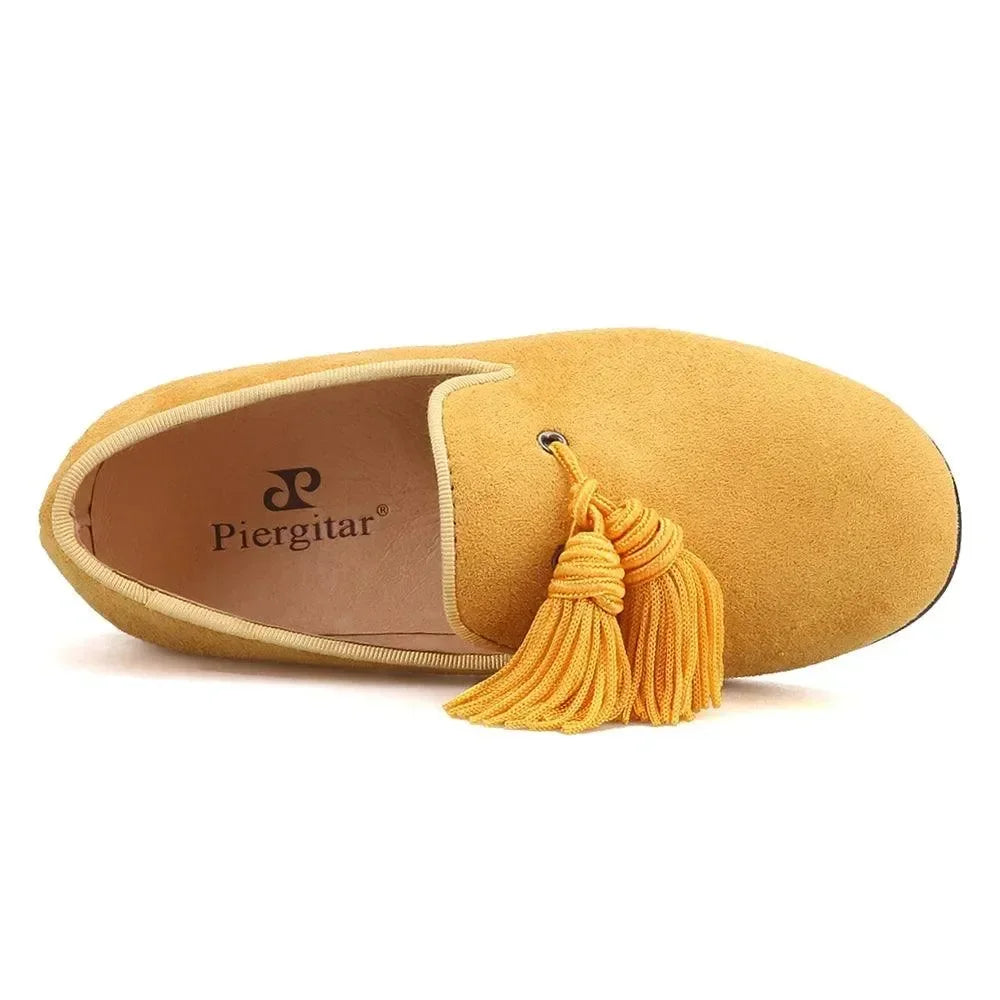Kids Loafers Gold Suede Kids' Loafer Shoes: Tassel Party Shoes with Signature Red Bottom -Guocali