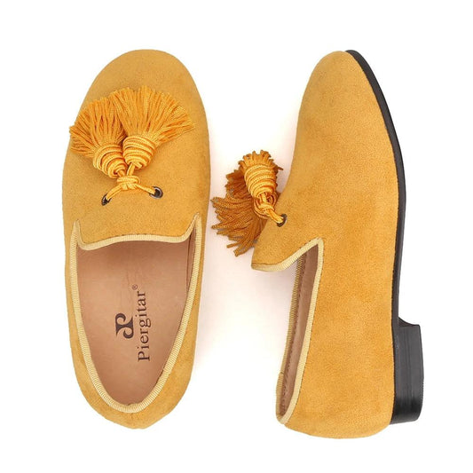 Kids Loafers Gold Suede Kids' Loafer Shoes: Tassel Party Shoes with Signature Red Bottom-Loafer Shoes-GUOCALI