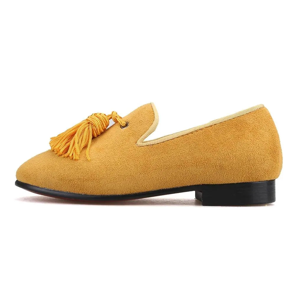 Kids Loafers Gold Suede Kids' Loafer Shoes: Tassel Party Shoes with Signature Red Bottom - Loafer Shoes - Guocali