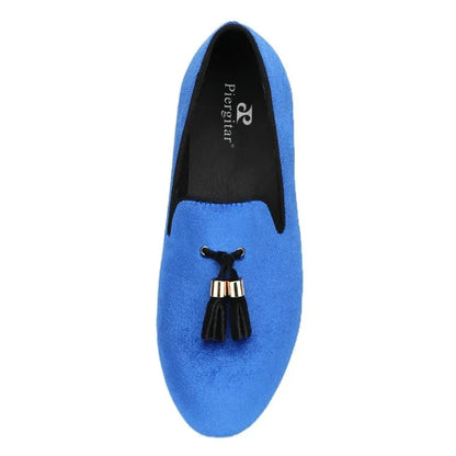 Kids Loafers Klein Blue Velvet Parent-Child Loafers with Gold Buckle Tassel Detail - Loafer Shoes - Guocali