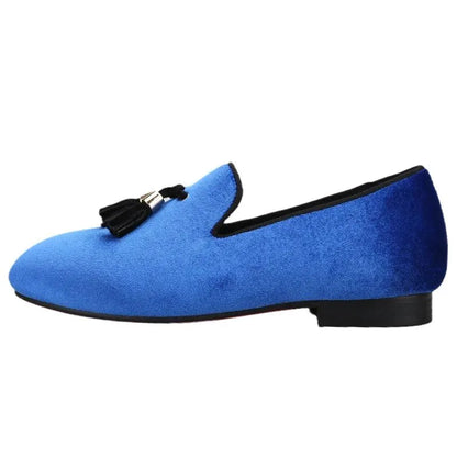 Kids Loafers Klein Blue Velvet Parent-Child Loafers with Gold Buckle Tassel Detail - Loafer Shoes - Guocali