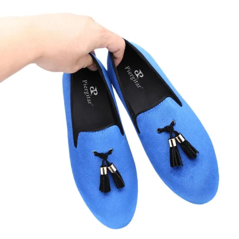 Kids Loafers Klein Blue Velvet Parent-Child Loafers with Gold Buckle Tassel Detail - Loafer Shoes - Guocali