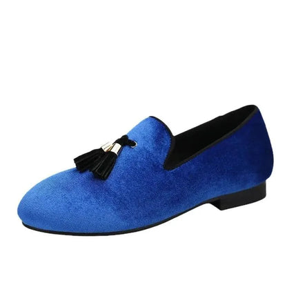 Kids Loafers Klein Blue Velvet Parent-Child Loafers with Gold Buckle Tassel Detail - Loafer Shoes - Guocali