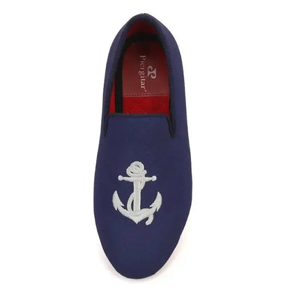 Kids Loafers Nautical Charm: Handcrafted Navy Canvas Children's Loafers with Embroidery -Guocali
