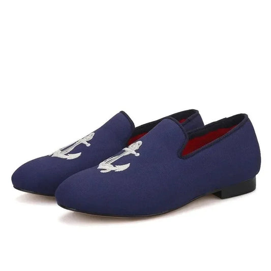 Kids Loafers Nautical Charm: Handcrafted Navy Canvas Children's Loafers with Embroidery -Guocali