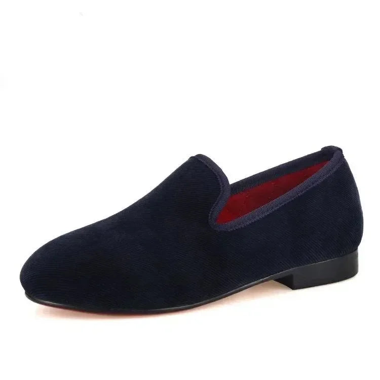 Kids Loafers Nautical Twill: Handmade Navy Parent-Child Loafers with Red Outsole -Guocali