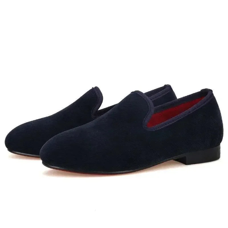 Kids Loafers Nautical Twill: Handmade Navy Parent-Child Loafers with Red Outsole -Guocali