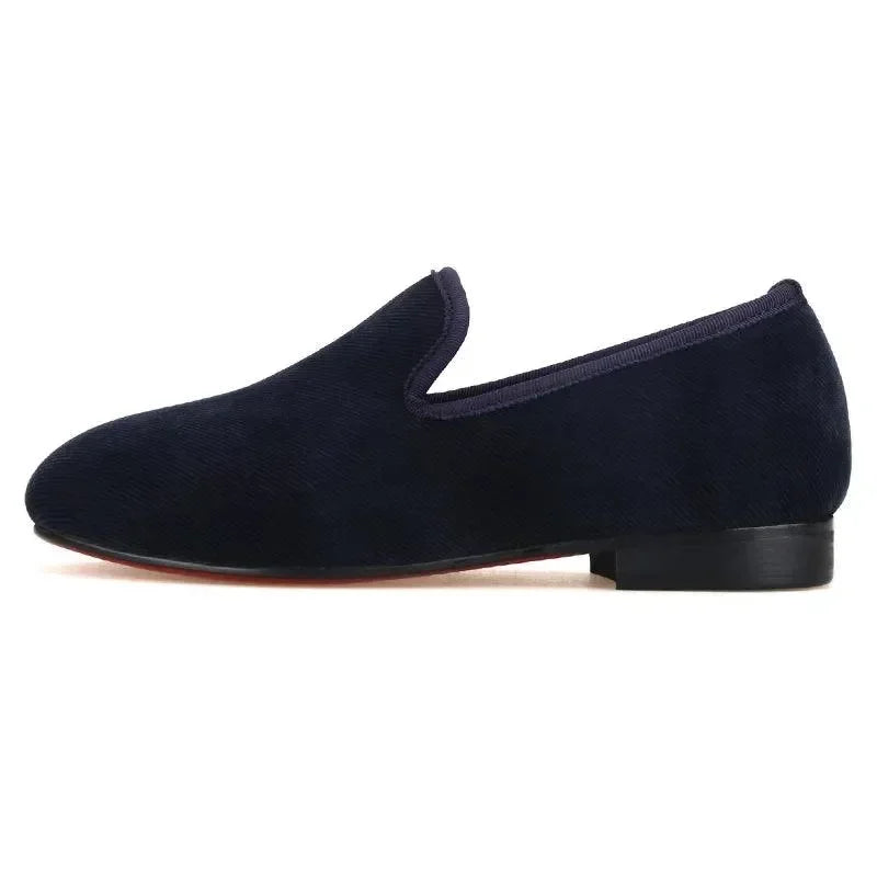 Kids Loafers Nautical Twill: Handmade Navy Parent-Child Loafers with Red Outsole -Guocali